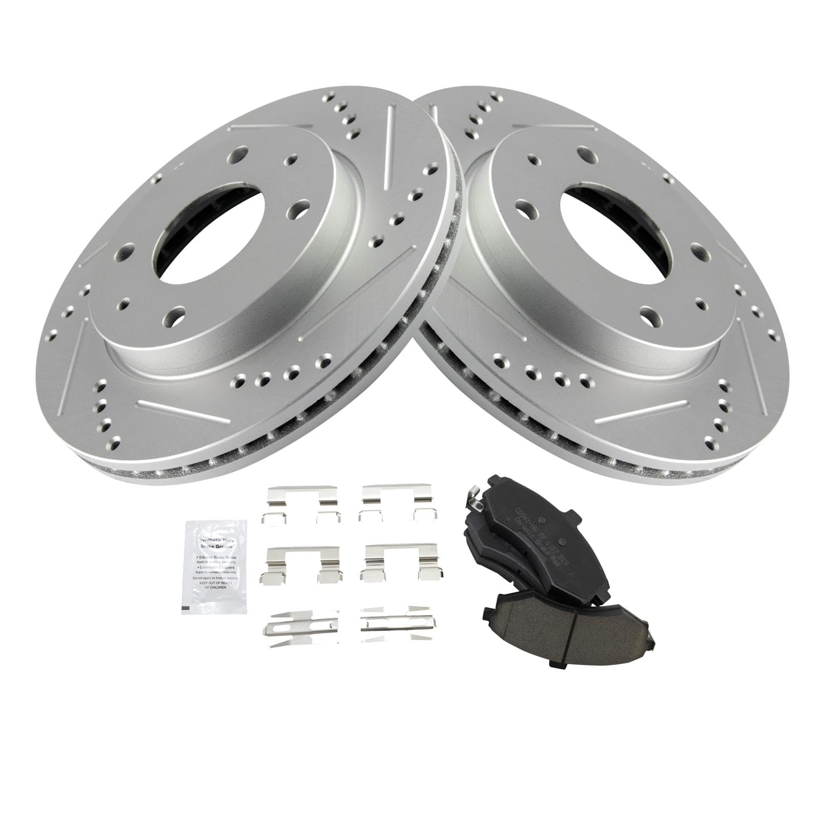 TRQ Front Brake Pad and Rotor Set Ceramic Drilled Slotted G Coated Vented Rotors Compatible with 2002-2005 Hyundai Elantra Image