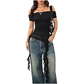 SweatyRocks Women's Off The Shoulder T Shirts Ruffle Asymmetrical Hem Cap Sleeve Mesh Y2k Going Out Tops
