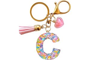 Cute Initial Letter Keychains for Women Girls with Tassel Heart Charm Purple Pink Alphabet Keychain for Backpack