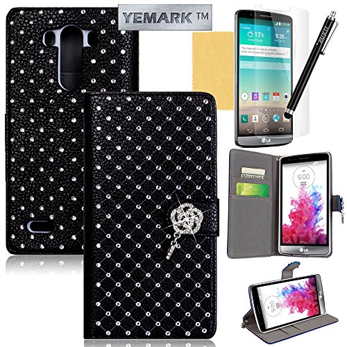 LG G3 Case,LG G3 Wallet Case,YEMARK(TM) Handmade Bling Crystal Glitter Rhinestone Diamond Flower Pendant Premium PU Leather Wallet Flip Case Cover with Stand For LG G3[Built-in Credit Card/ID Card Slots],[+Stylus+Screen Protector+Cleaning Cloth]-(Black)