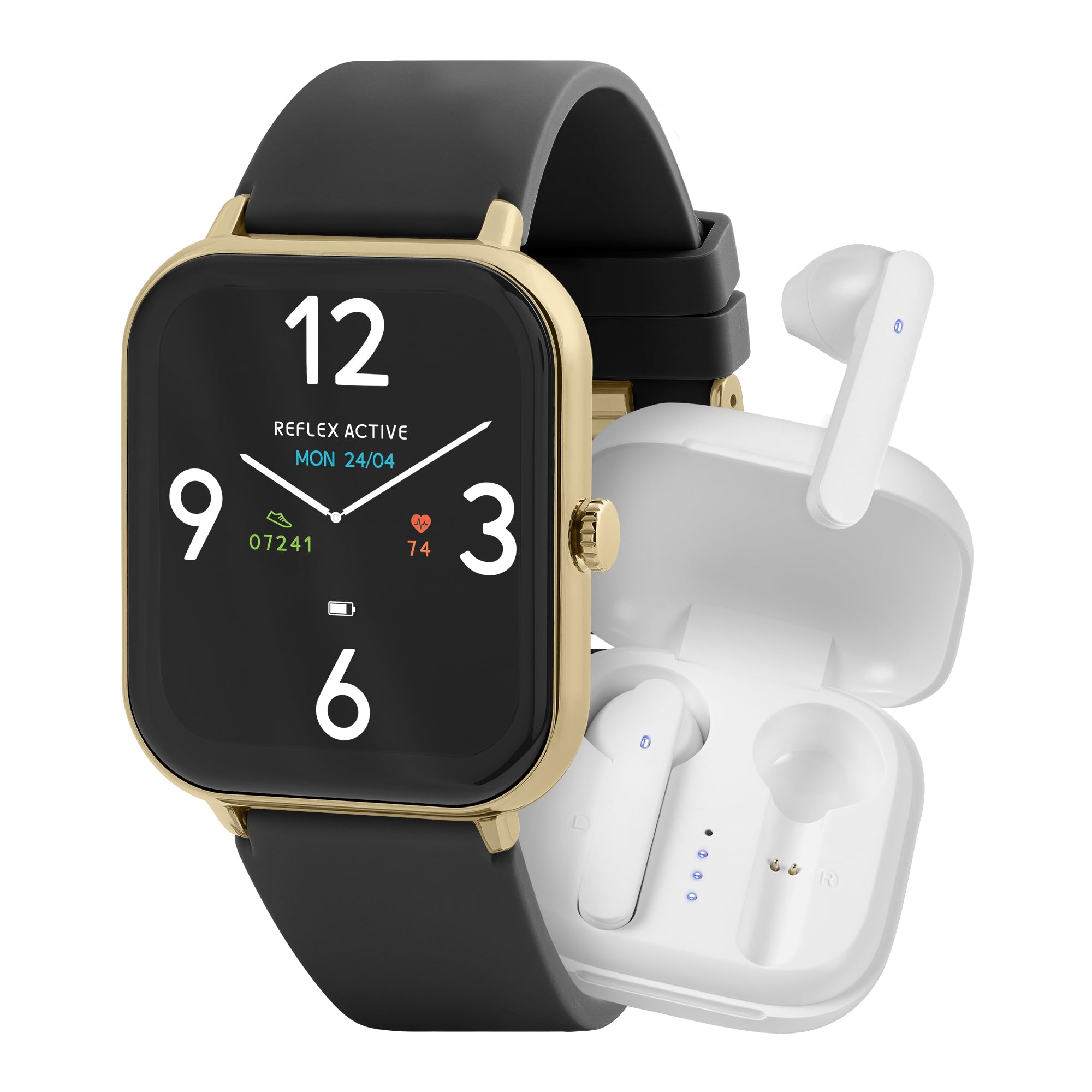 Reflex Active Series 23 Gold Plated Black Strap Smart Watch and True Wireless Sound Earbud Set