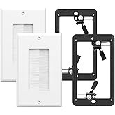 VCE Single Brush Wall Plate with Single Gang Low Voltage Mounting Bracket, White, 2 Pack