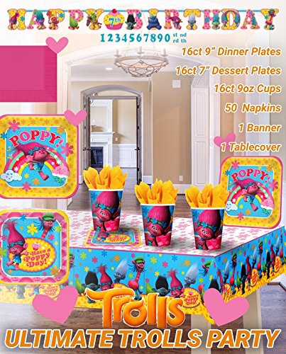 Ultimate Trolls Party!!!Birthday Party Decoration Supplies Bundle Pack with 16lg&16sm Plates 16-9oz Cups, Matching Table Cover&Jumbo Banner,50 Napkins(Bonus Matching Party Straw Pack)