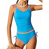 KOMEIANA Girls Swimsuit Contrast Trim Tankini Swimsuit Solid Color 2 Piece Teen Bathing Suit Modest Swimwear+Drawstring 9-16Y