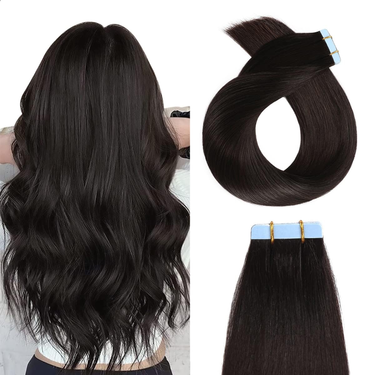 YILITE Tape in Extensions Human Hair 24 inch Jet Black Tape in Hair Extensions Natural Invisible Remy Straight Skin Weft Seamless 20pcs 50g/Pack (#1 Jet Black) — image 1