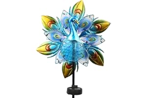 TEYIGARDEN Peacock Wind Spinners Outdoor, Solar Garden Wind Spinner Metal Outdoor Wind Sculptures & Spinners, Kinetic Wind Spinners with Solar Lights, Yard Art Decor for Patio, Lawn & Garden