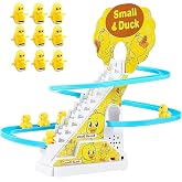 JOYGETIN Small Ducks Climbing Toys,Electric Duck Climbing Stairs Tracks Slide Toy Set,Duck Roller Coaster Toy with Flashing Lights &amp; Music On/Off Button