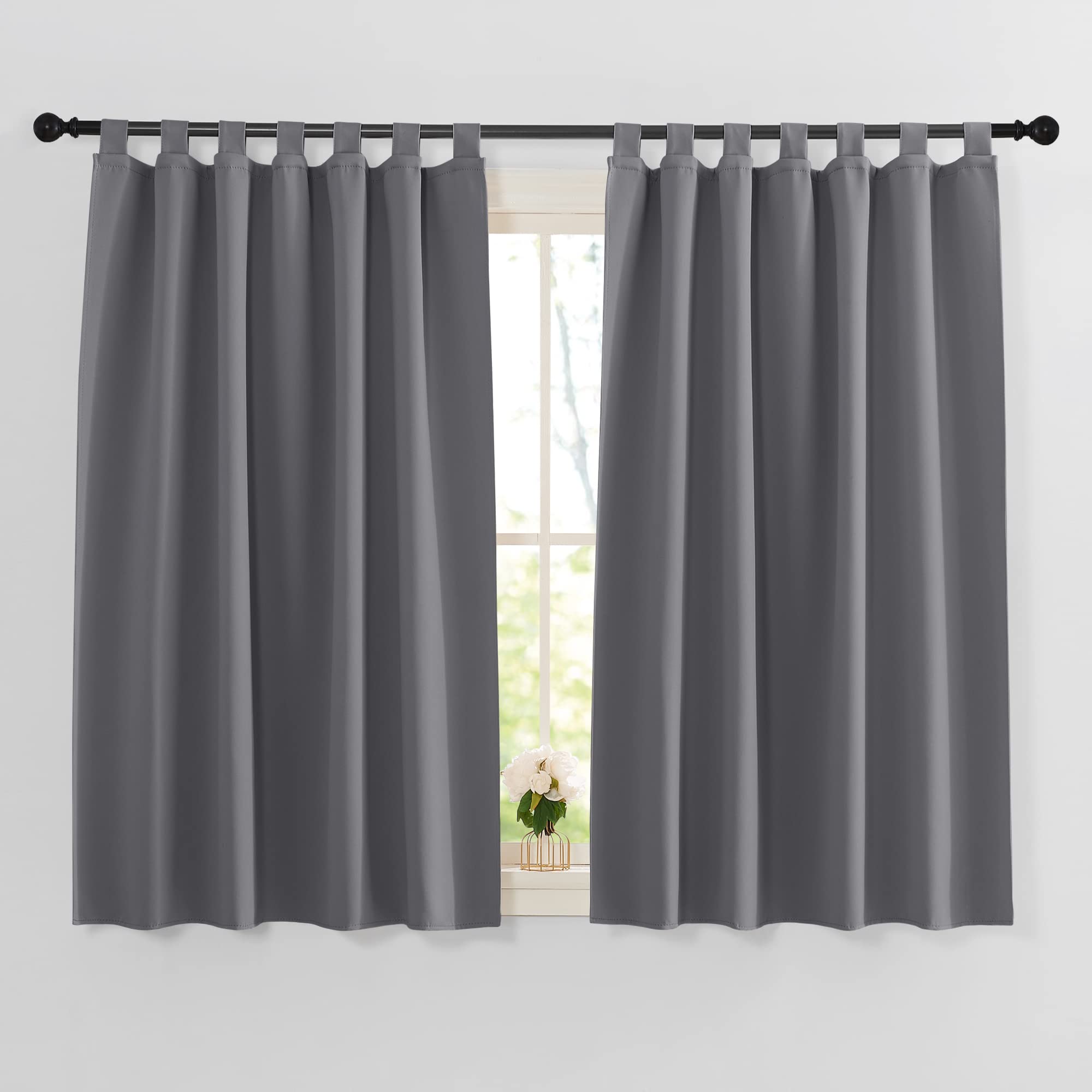 PONY DANCE Kitchen Tab Top Curtains - Set of 2, H145 x W140cm, Opaque Grey Loop Curtains — image 1