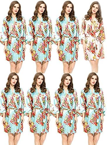 Endless Envy Women's Satin Floral Robes Bridesmaid Wedding Kimono Set 3-10 (One Size Fits 0-14, Mint (Set of 8)