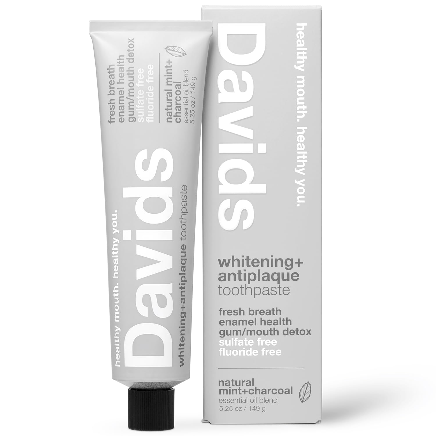 Davids Natural Charcoal Toothpaste Peppermint Whitening Antiplaque Fluoride Free SLS Free 5.25 OZ Metal Tube Tube Roller Included