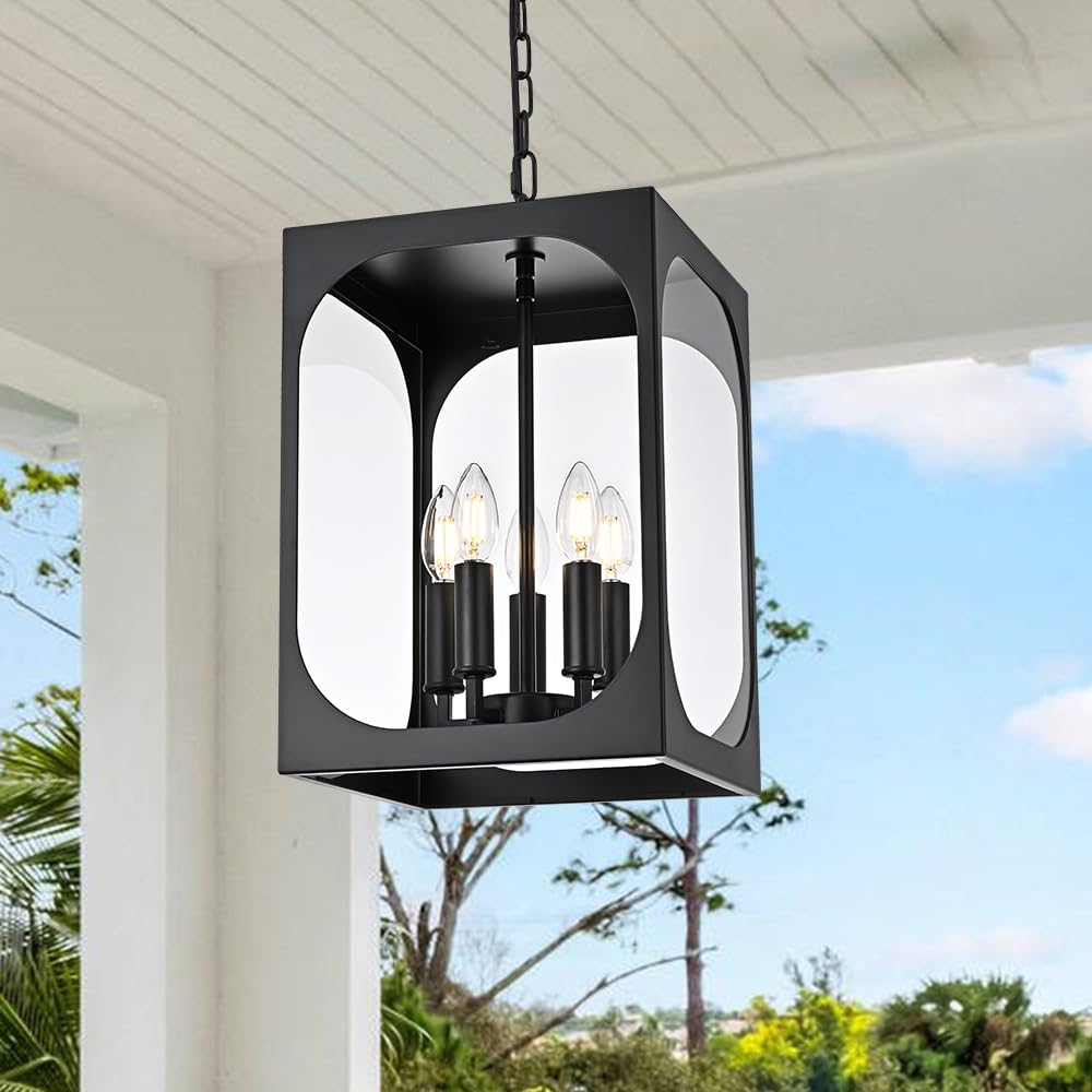 Condition photo showing New/Like New for bonlicht large outdoor chandelier for porch, 5-light modern outdoor pendant light with clear glass,b
