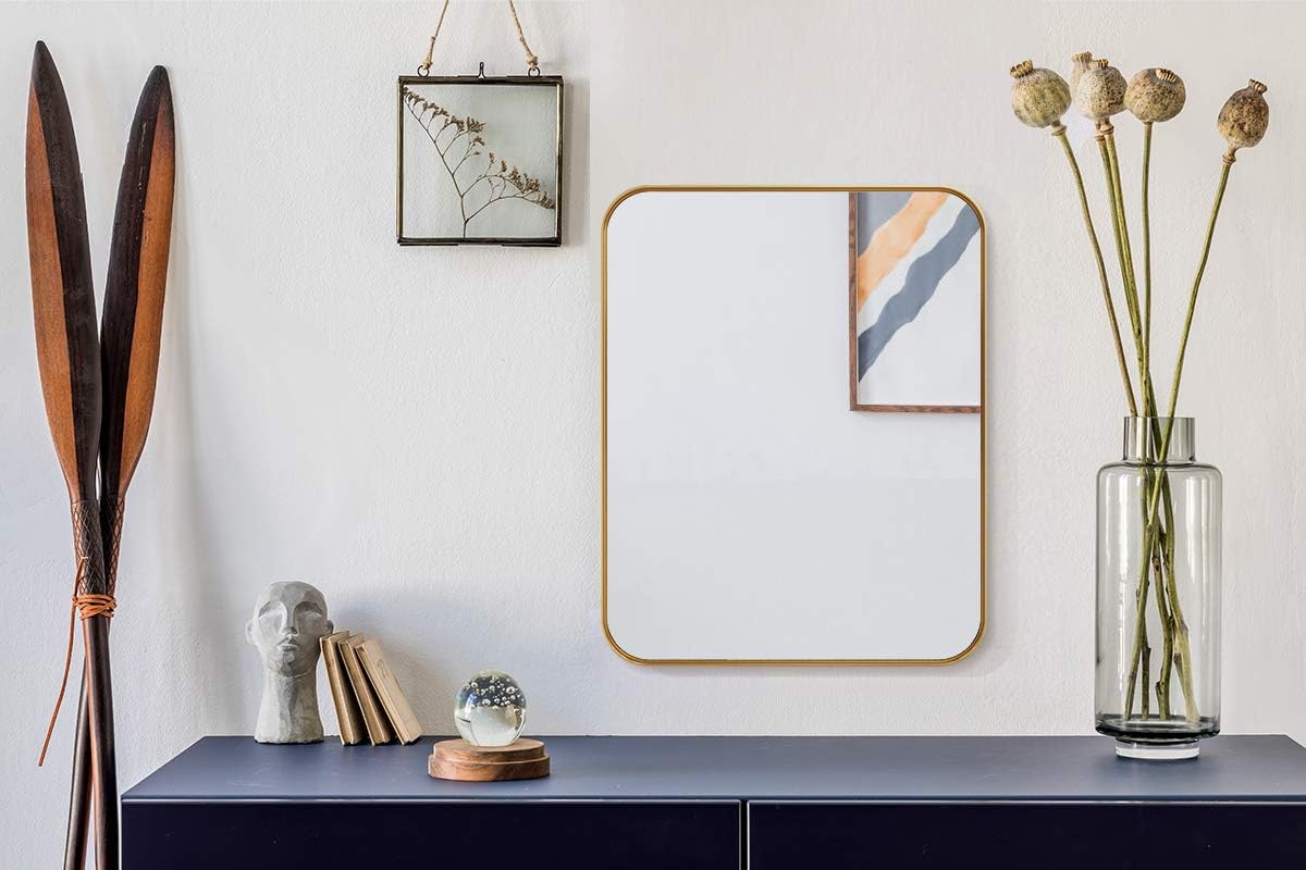 ANDY STAR Gold Wall Mirror for Bathroom, 16x20 Inch Small Gold Bathroom Mirror with Stainless Steel Metal Frame Rounded Corner: Furniture & Decor