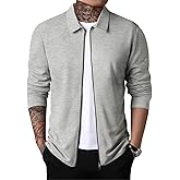 PICKLION Men Casual Cardigan Sweaters Laydown Collar Zipper Closure Solid Color Long Sleeve Waffle Jackets