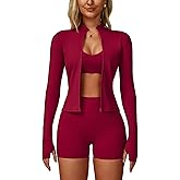 ABOCIW 3 Piece Workout Sets for Women Zipper Long Sleeve Jacket Racerback Sports Bra High Waist Shorts Yoga Gym Sets