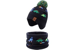 JANGANNSA Knitted Baby Hat Scarf Set Winter Warm Boys Girls Beanie Fleece Lining Toddler Kids Hats with Pompom