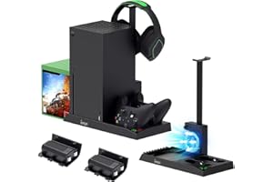 KLIPDASSE Vertical Cooling Stand for Xbox Series X, Dual Controller Charging Dock Station for Xbox Series X Cooler Cooling Fan with 2 Pack 1400mAh Rechargeable Batteries, 10 Games Storage and Headset Stand
