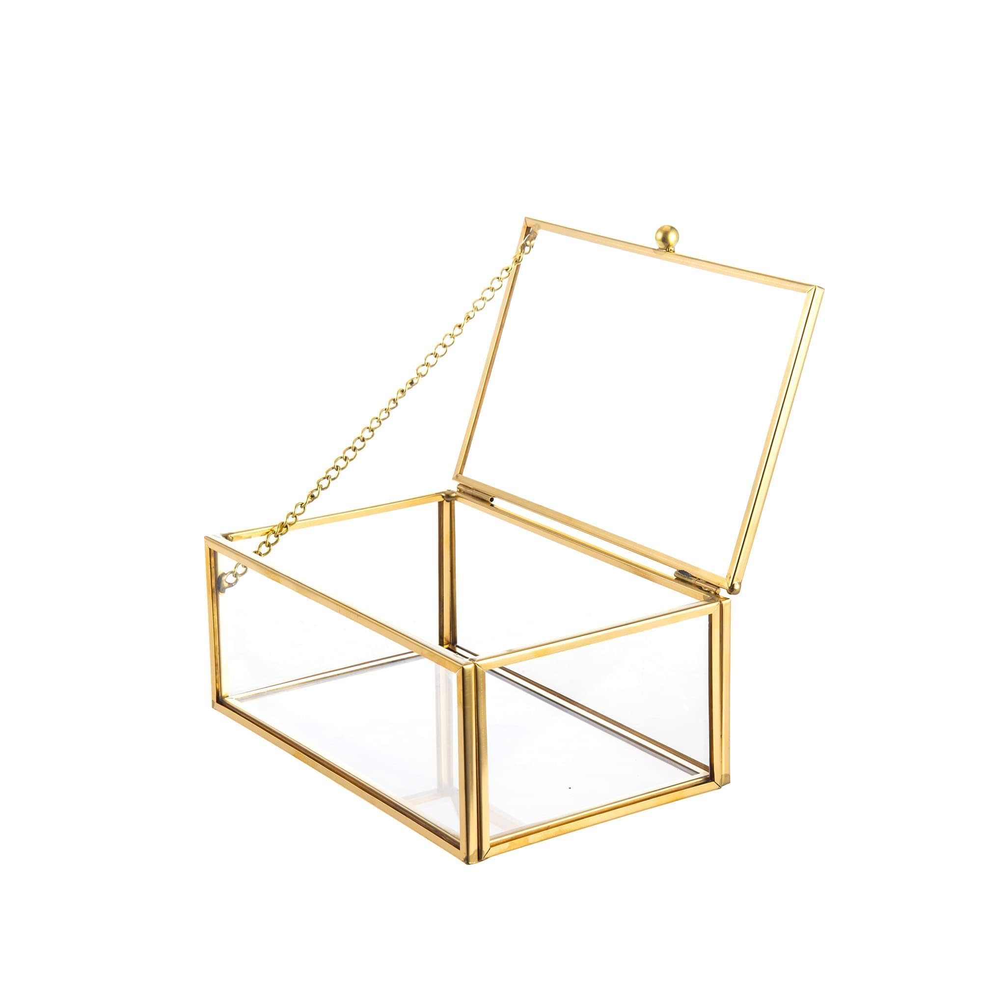 Feyarl Glass Jewellery Box Clear Trinket Box Vanity Rings Earrings Box Organizer Display Case Decorative Keepsake Box with Lid for Home Wedding Birthday Gift (Gold)