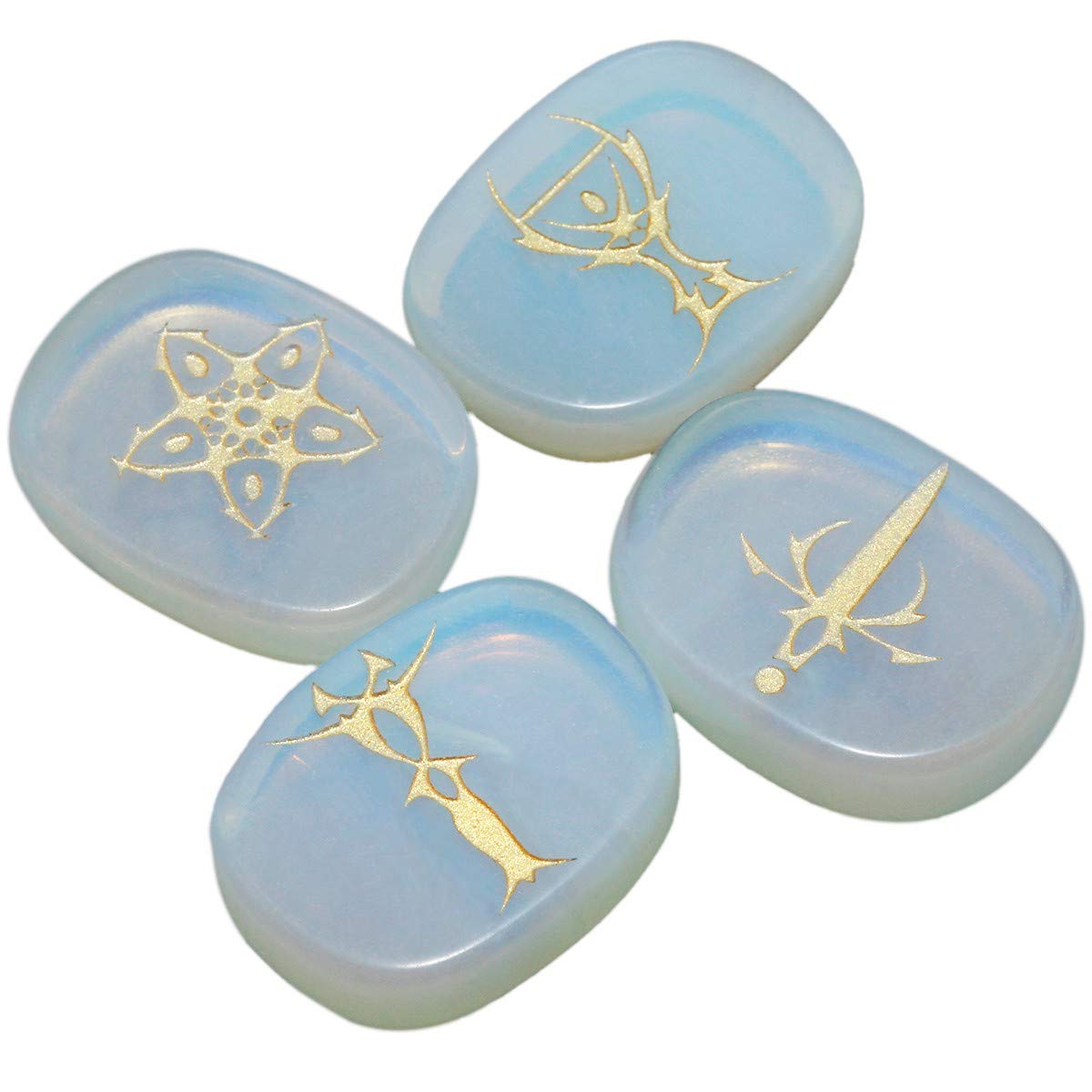 mookaitedecor Opalite Crystals Reiki Stones Engraved Tarot Symbols Tarot Crystals Set, Polished Chakra Tarot Stones White Healing Crystals Pocket Palm Stones for Wiccan Witchcraft Gifts