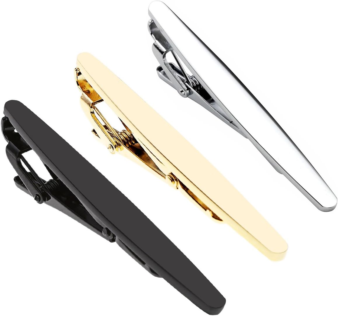 PiercingJ 3pcs Set Stainless Steel Exquisite GQ Classic Tie Bar Clip, Silver Tone, 2.3Inches