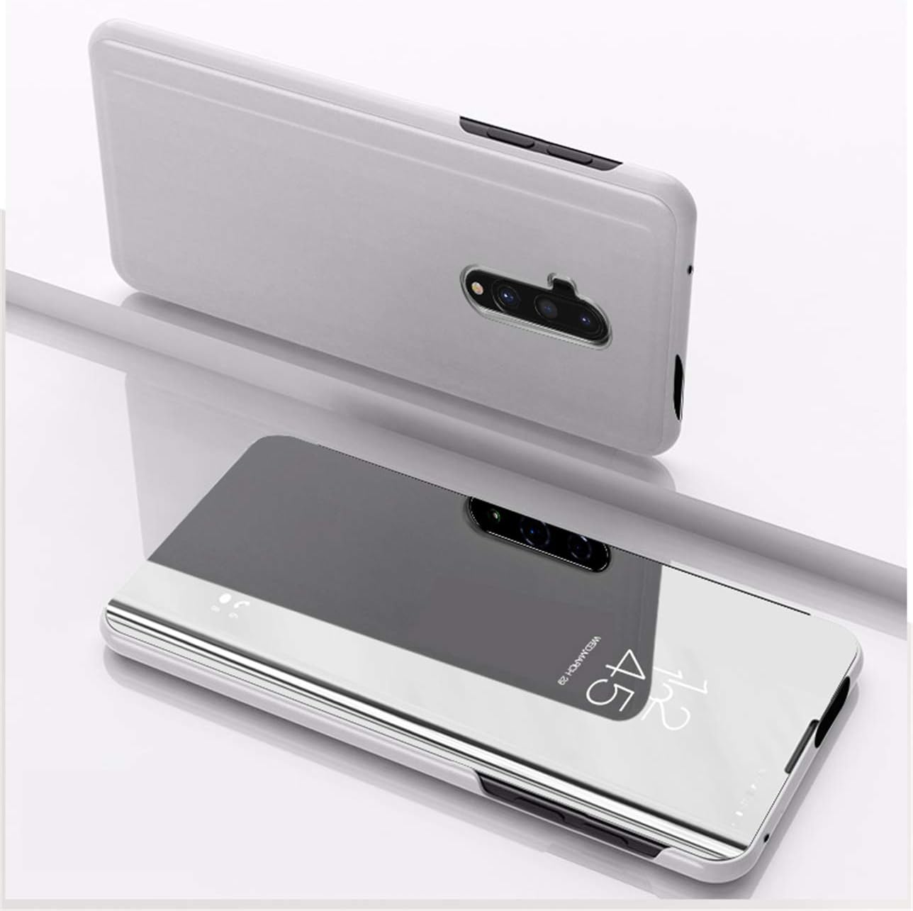 OnePlus 7T Pro Case,Clear Flip Electroplated Metal Technology Cover,PC+PU Leather Shockproof Kickstand Protective Armor Case,for OnePlus 7T Pro (Silver)