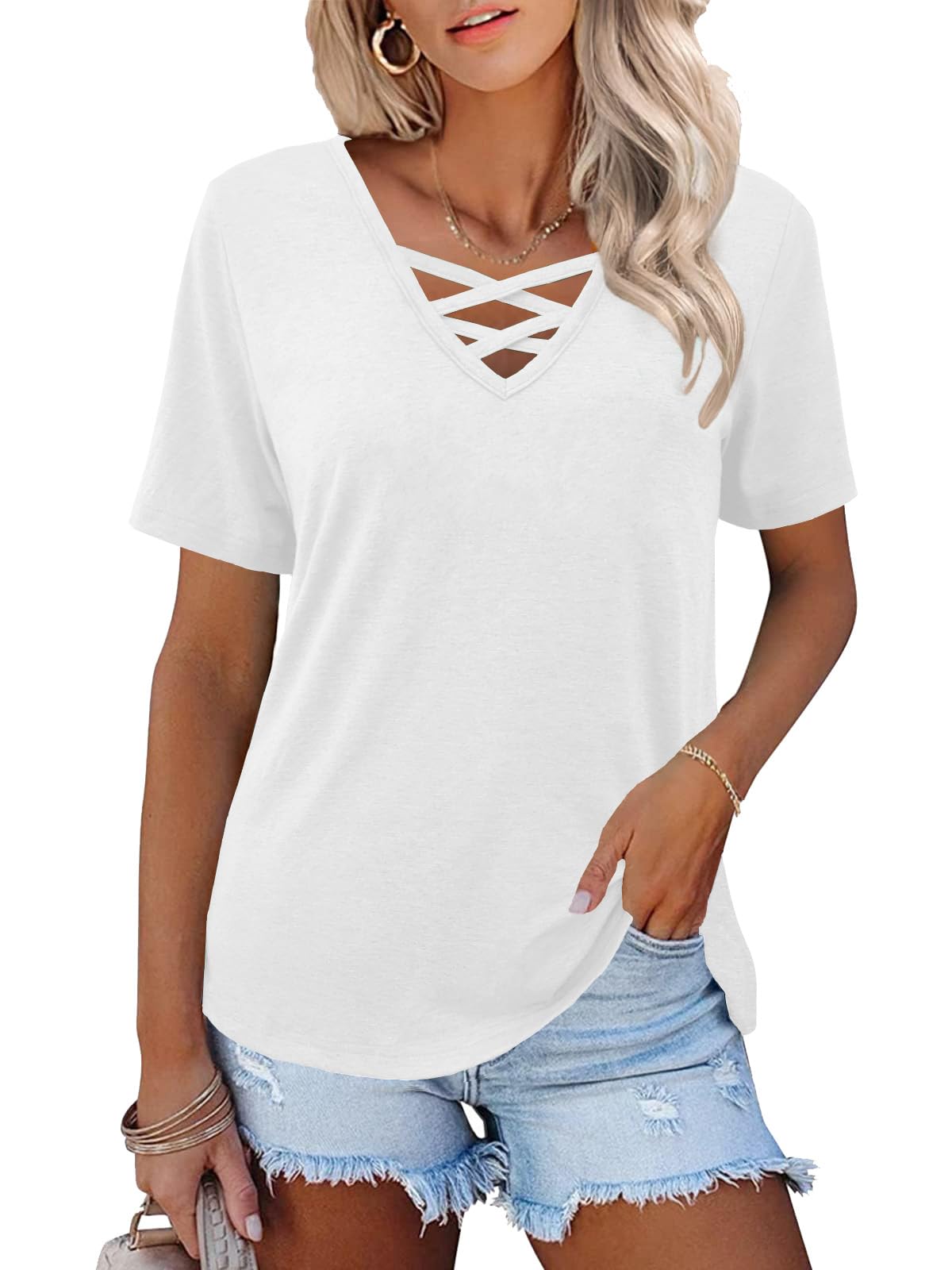 Photo 1 of Shirts for Women Short Sleeve V Neck Summer Tops Loose Casual Tshirts White large 