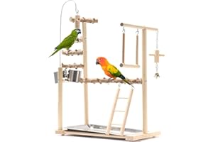 MDAKEGO Parrot Bird Playground,Bird Play Gym Wood Perch Stand with Feeder Cups & Tray,Exercise Activity Center with Ladder Swing Bells,Bird Cage Accessories for Lovebirds Cockatiel Parakeet(A)