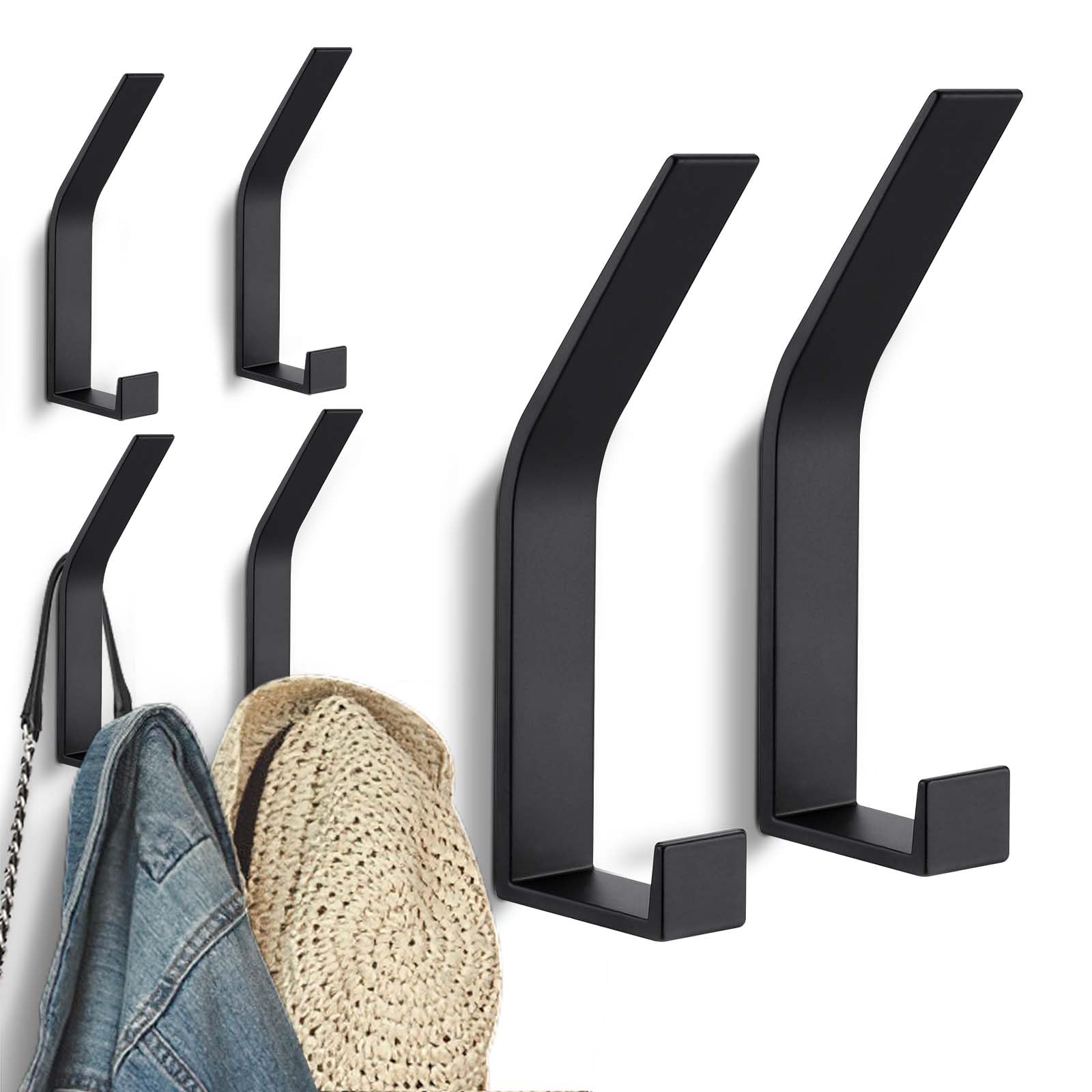 Kssvzz 6 Pack Coat Hooks Wall Mounted, Modern Wall Hooks for Hanging Clothes, Coat, Scarf, Bag, Towel, Key, Cap, Cup, Hat (Black, Invisible Screw Design)