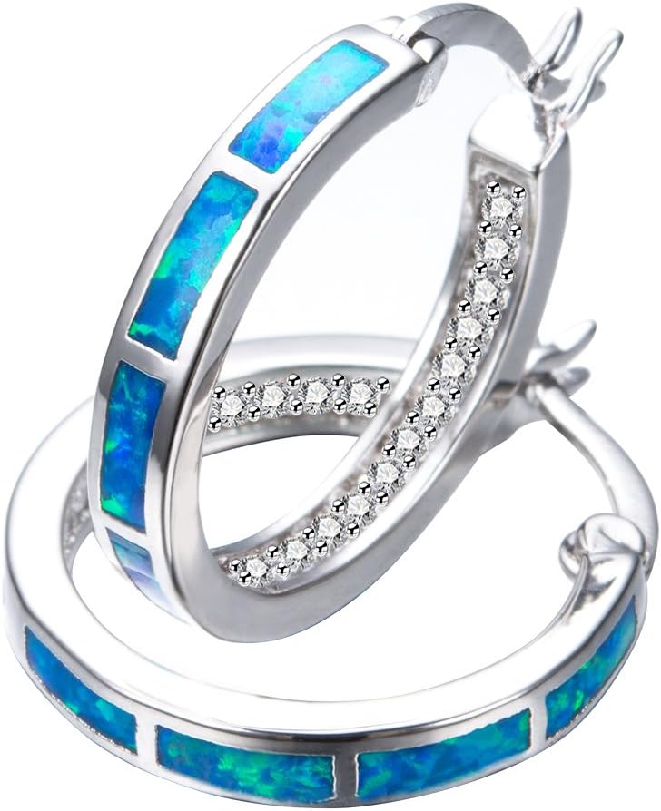 Bamos Blue Opal Hoop Earrings Inlaid with Cubic Zirconia for Girls and Women