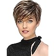 TISHINING Pixie Cut Brown Short Hair Wigs for White Women with Bangs Brown Mixed Blonde Highlights Layered Natural Looking Synthetic Hair Replacement Wigs for Daily Party Use