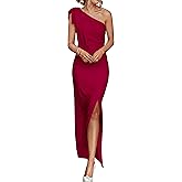 PRETTYGARDEN Women's Summer One Shoulder Long Formal Dresses Sleeveless Ruched Bodycon Wedding Guest Slit Maxi Dress