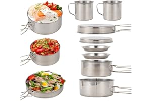 Lixada Camping Cookware Mess Kit 8PCS Stainless Steel Cooking Pot and Pan Set with Plates Cups for Outdoor Camping Hiking Bac