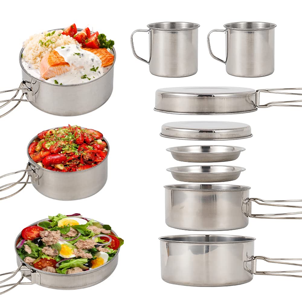 Lixada Kitchen Set Pot Set, Camping Cookware Tableware Set 8 Pieces of Stainless Steel Cookware, Non-Slip and Scalding, Suitable for Kids Camping, Hiking, Outdoor Cooking, with Non-Slip Handle