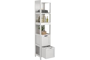 HOMEFORT Bathroom Storage Cabinet, Slim Tall Cabinet, Narrow Floor Cabinet Organizer, Wooden Linen Tower with 2 Drawers and 3 Shelves, Freestanding Cupboard White