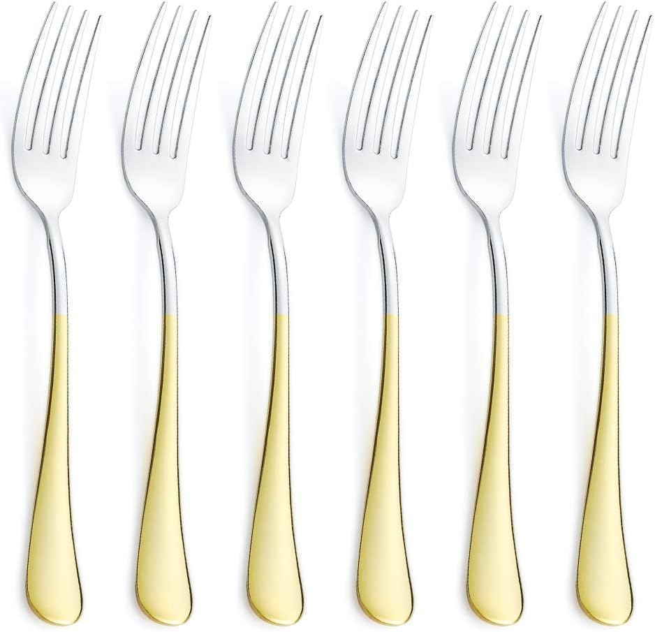 6 Piece Dinner Fork Set 24K Gold Plated Handle Stainless Steel Silverware Flatware Cutlery Forks Only Bulk Open Stock Dessert Salad Fork Serving for 6 Mirror Finish Dishwasher Safe 7.2 Inches