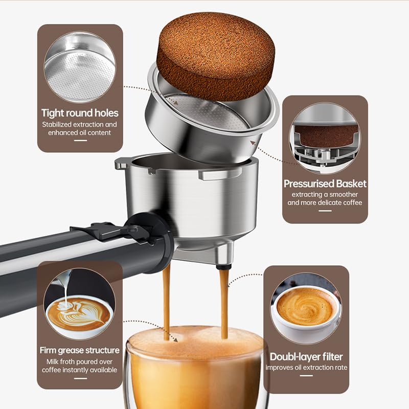 Cafelffe MK-601F 4-in-1 Capsule Coffee Machine with Milk Frother & Pitcher, Hot/Cold Brew Espresso Coffee Maker Compatible with Nes/DG Pods/ESE Pod/Ground Coffee,Compact for Home/Office Use,Gray