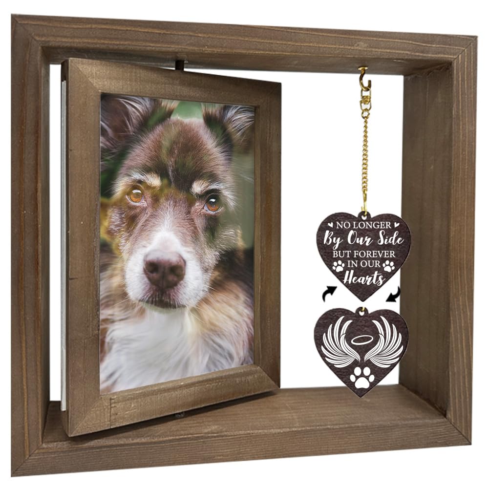 arricraft 1 Pc Wood Rotating Picture Frame, Dark Brown Forever in Our Hearts Memorial Pet Photo Frame with Heart Charms Double Sided Sympathy Frame for Loss of Pet Dogs Cats 10x15cm