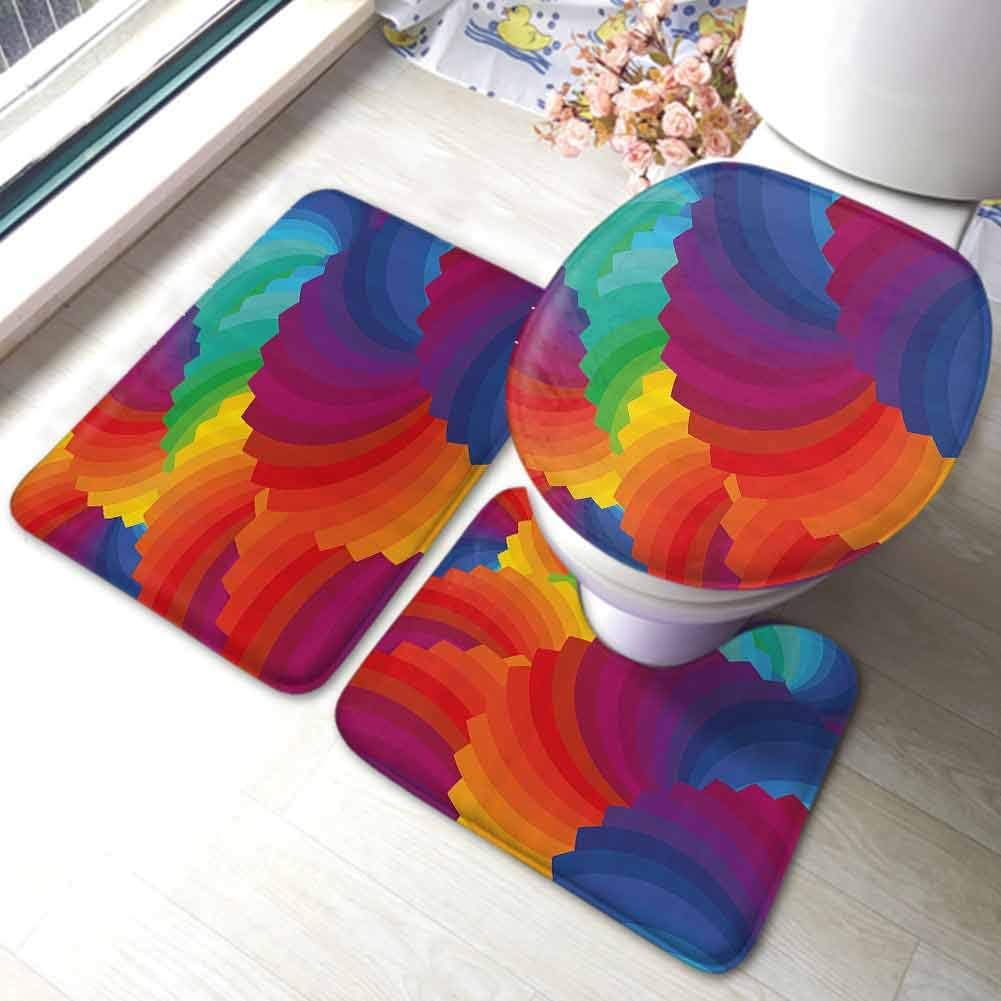 Colorful Home Decor 3 Piece Bath Rug Set Gradient Dash Sea Shell Inspired Wavy Dimension Palette Stripes Arti Extra Soft Luxury and Comfort, Multi