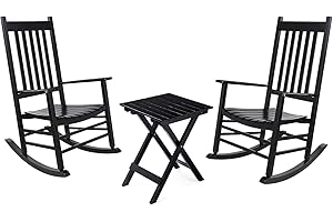 GNL RECSPORTS Outdoor Rocking Chair Set, Wood Porch Rocker, 2 Wooden Rocking Chair With Outdoor Side Table, Perfect for Indoor or Outdoor, All Weather Porch Rocker for Garden, Lawn, Balcony, Backyard, Patio (Black)