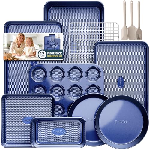 12-Piece Oven Safe Nonstick Bakeware Set with Baking Pan, Cake Pan, Muffin Pan, Loaf Pan, Square Pan, Roasting Pan, Cookie Pan, Cooling Rack & Utensils - Ceramic Coated Blue