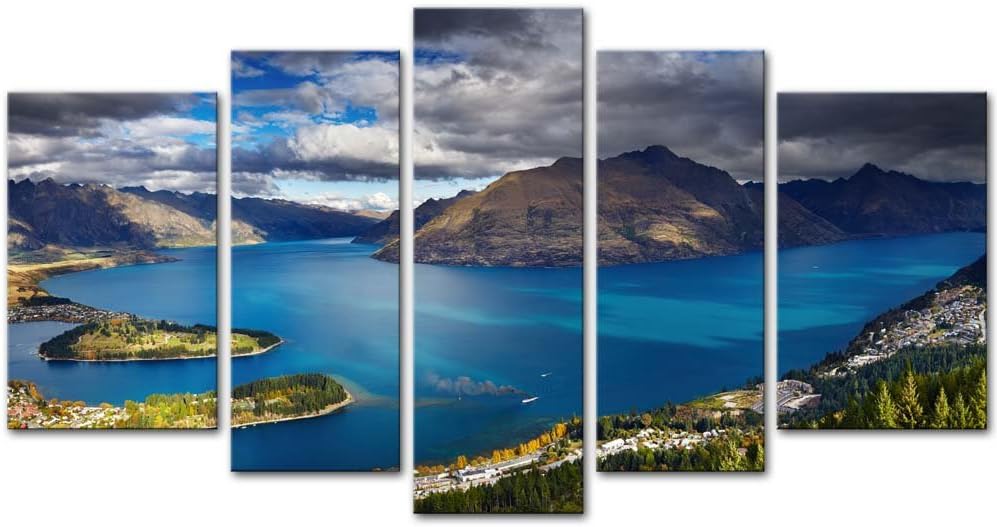 Wall Art Decor Poster Painting On Canvas Print Pictures 5 Pieces Queenstown Wakatipu Lake Remarkables Mountains New Zealand Place Seaside Framed Picture for Home Decoration Living Room Artwork