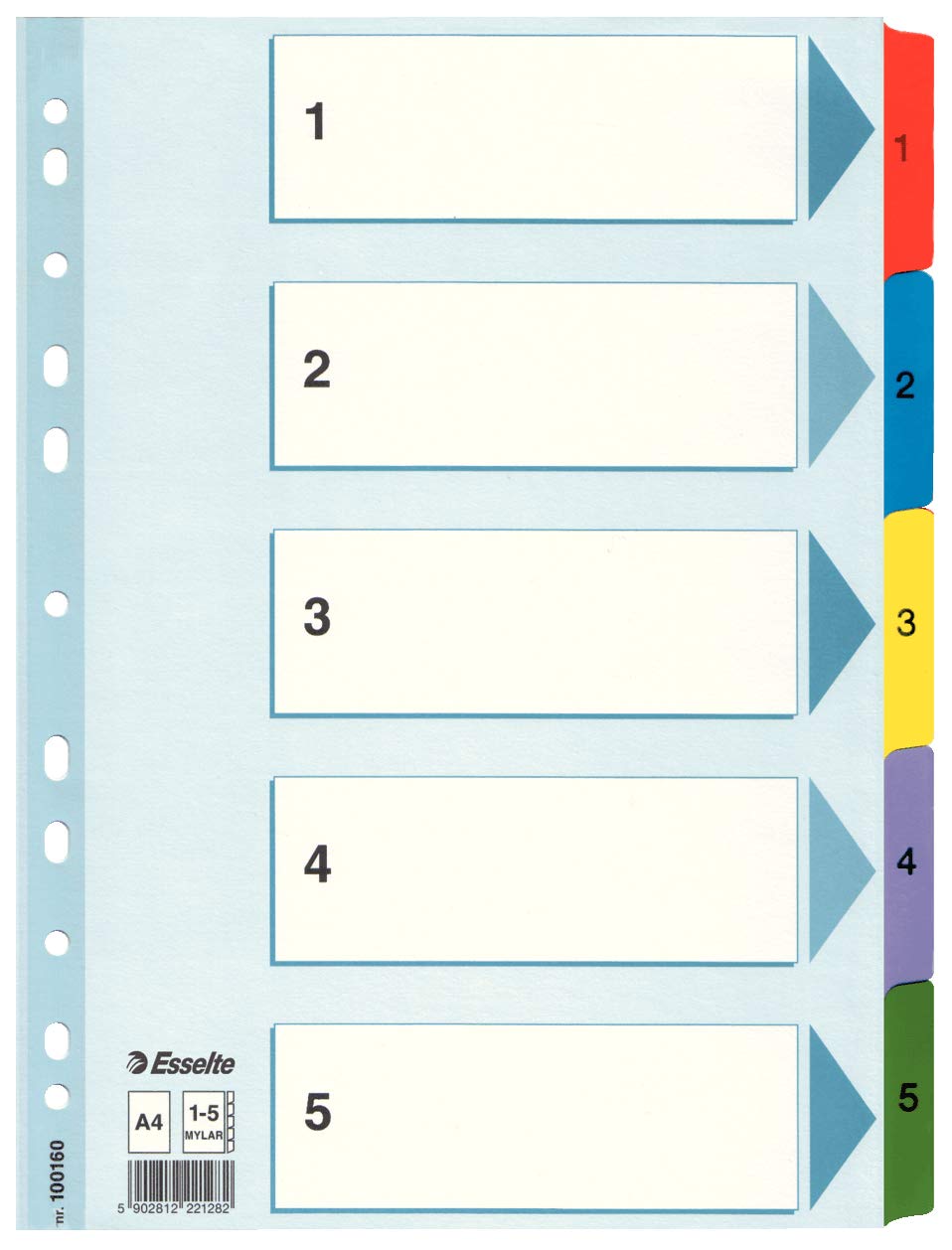 Esselte 100160 A4 1-5 Index, Heavy Duty Cardboard with Mylar Reinforced Tabs, Blue/Multicolour