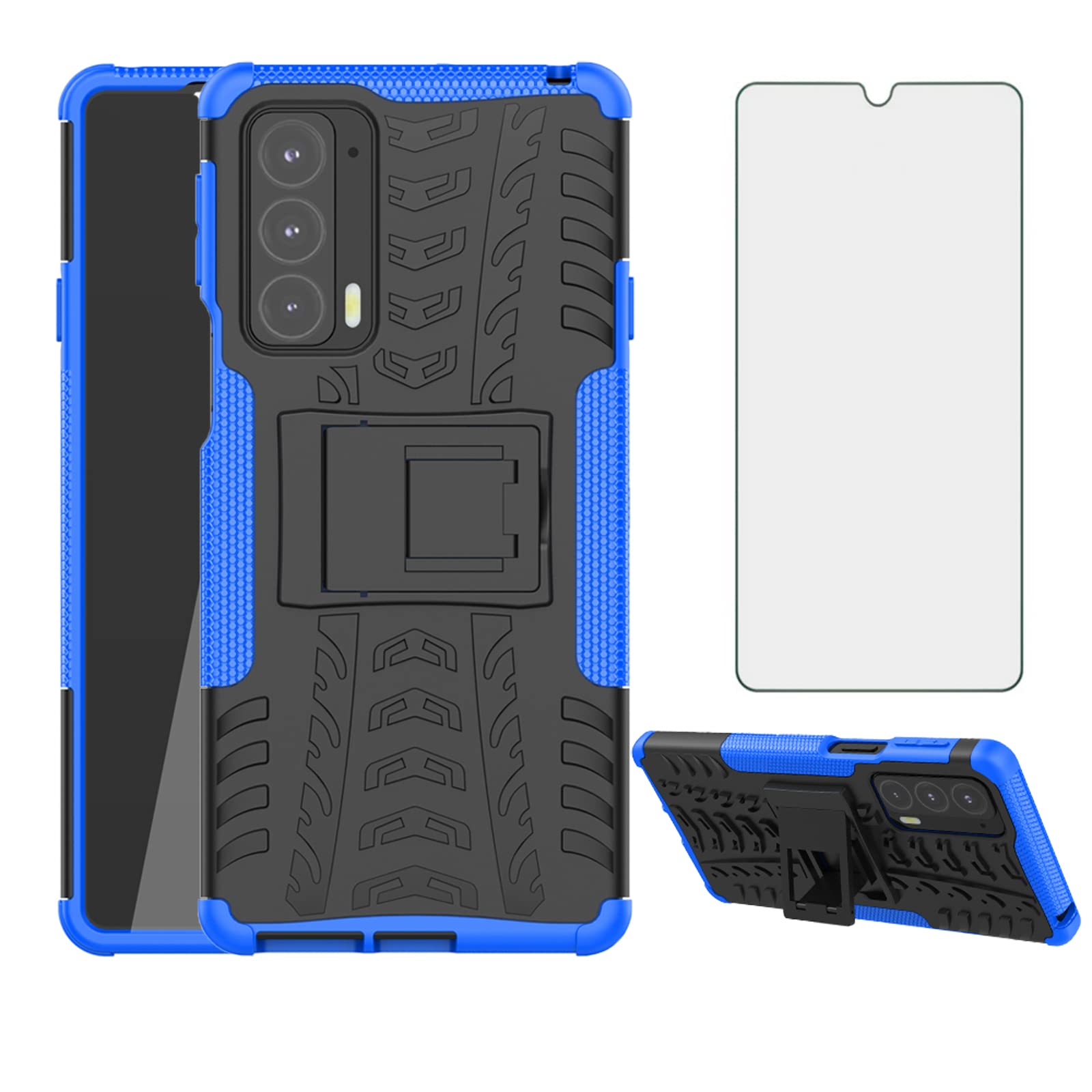 Asuwish Compatible with Motorola Moto Edge 20 Phone Case and Tempered Glass Screen Protector with Stand Kickstand Hybrid Protective Cell Accessories MotoEdge20 Edge20 Women Men Girly Blue