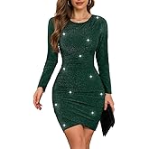 ihot Women's Glitter Party Dress Long Sleeve Crew Neck Faux Wrap Ruched Bodycon Sparkly Night Out Club Mini Dresses
