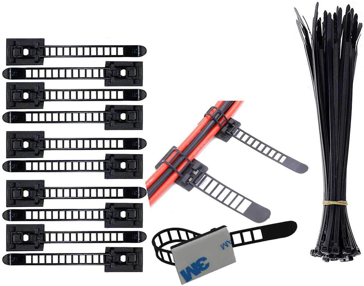 Eiito Wire Clips Cables Clamps (100 Pcs) + Nylon Zip Ties (100 Pcs) Self-Adhesive Cable Multipurpose