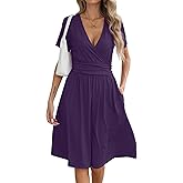 KUOTAI Women's Summer Short Sleeve Casual Dresses Wrap V Neck Beach Outfits Party Flowy Dress with Pockets