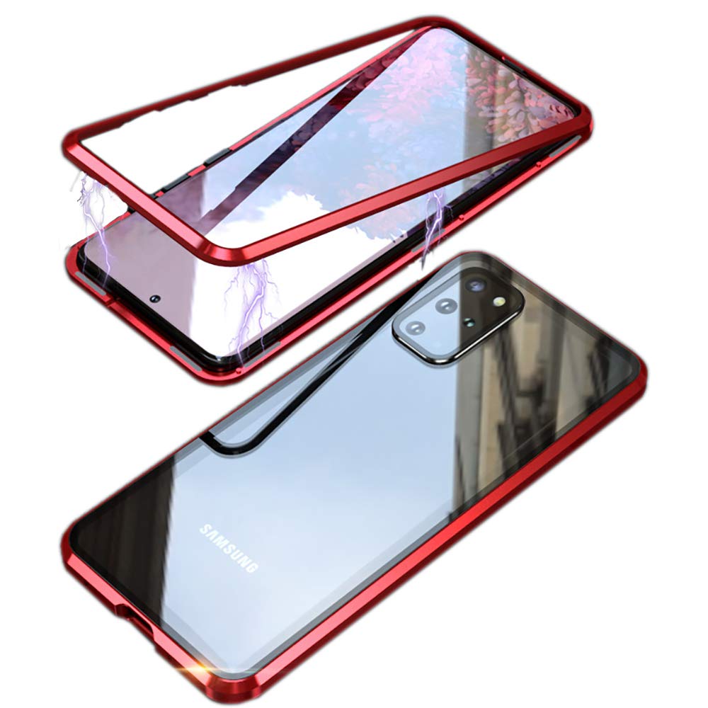 Topmore Case for Samsung Galaxy S20 Plus Magnetic Cover wih Camera Lens Protector,Shockproof Metal Bumper + 9H Tempered Glass Back Cover (No Glass in Front) with 1x Soft Screen Protective Film,Red