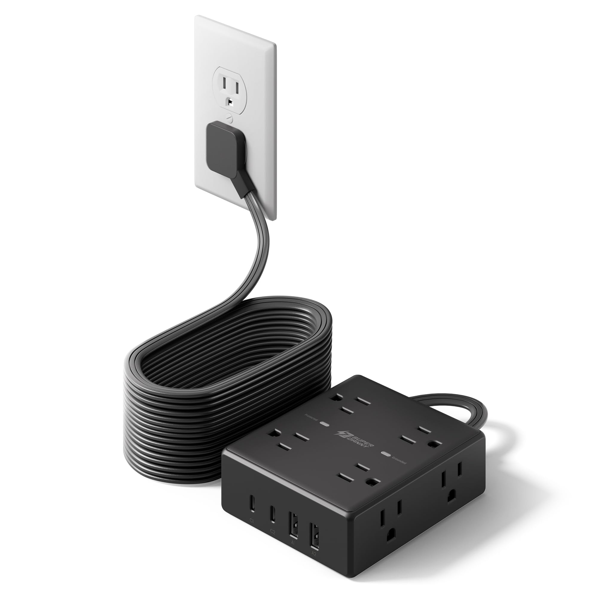 Photo 1 of 20Ft Long Extension Cord, Flat Plug Power Strip Surge Protector, 8 Outlet 4 USB Ports (2 USB C), Wall Mountable, Desk Charging Station for Home Office, College Dorm Room Essentials (Black)