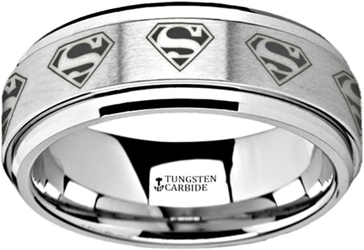 Thorsten Superman Logo Emblem on Wedding Band Ring Tungsten Inside Engraved Spinning Turnable Ring on Ring 8mm Wedding Band Ring Custom Personalized Inside Engraved from Roy Rose Jewelry