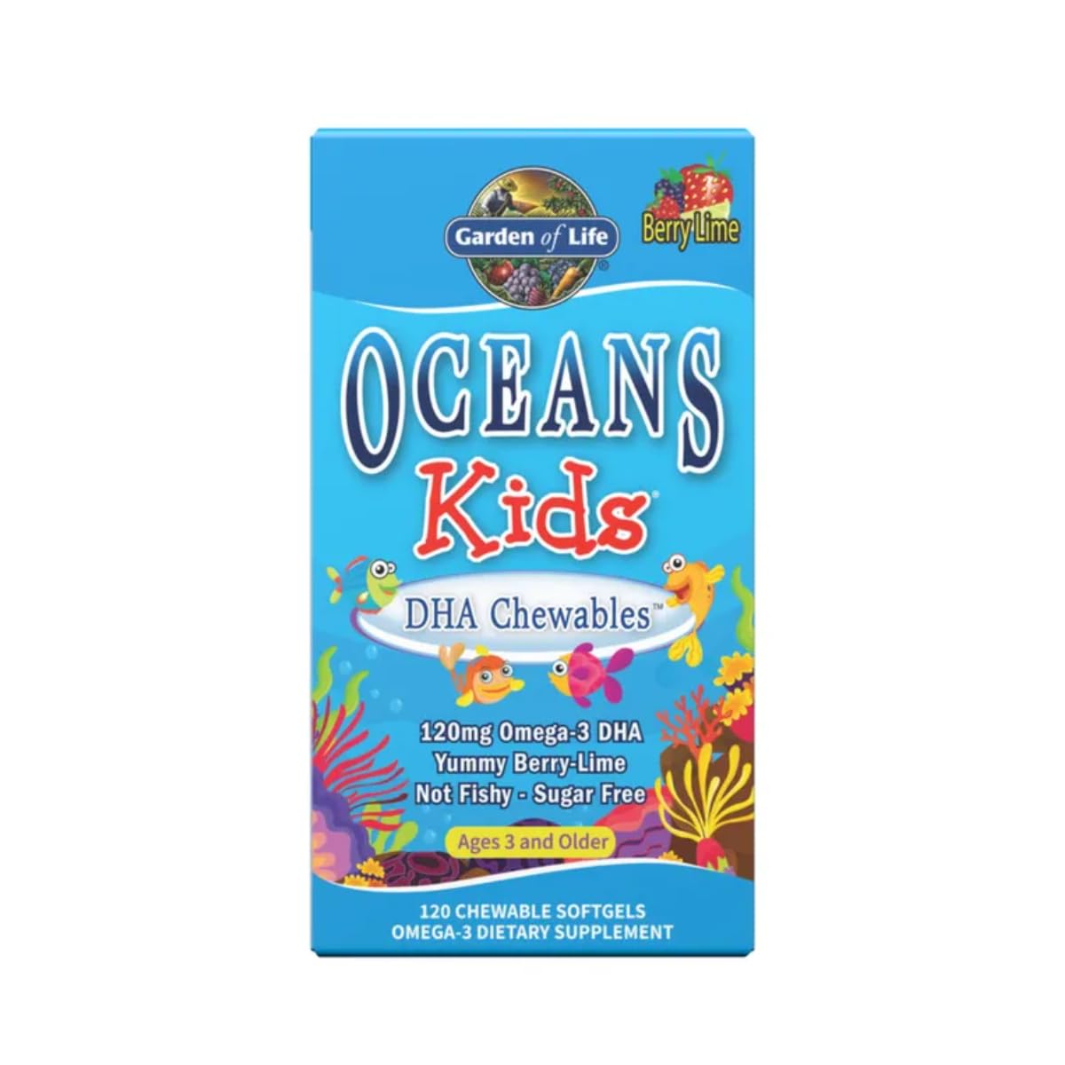 Garden of Life Oceans DHA Supplement for Kids with 250mg of Omega 3s, EPA, Vitamin D3 & A Pure Cod Liver Fish Oil Chewable for Brain, Heart & Immune Health - Berry Lime, Sugar Free, 30 Servings