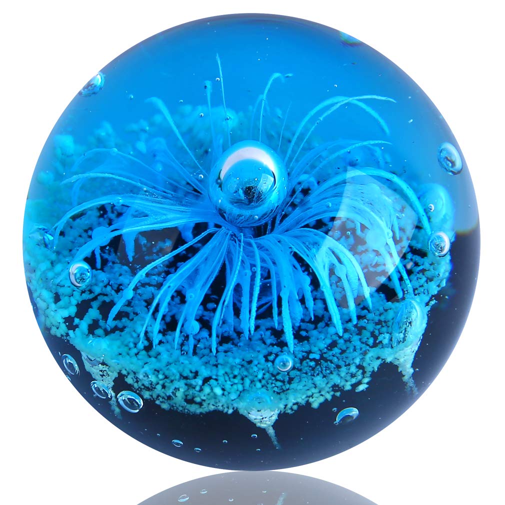 EUSTUMA Hand Blown Glass Blue Flower Sphere Figurine,Paperweight Glass Ball,Sea Plant Ornament for Fish Tank Aquarium,Sea Plant Collection for Birthday Gift